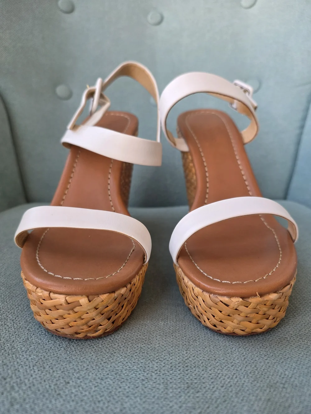 kate spade White Leather Woven Wedge Sandals - Picture 2 of 6